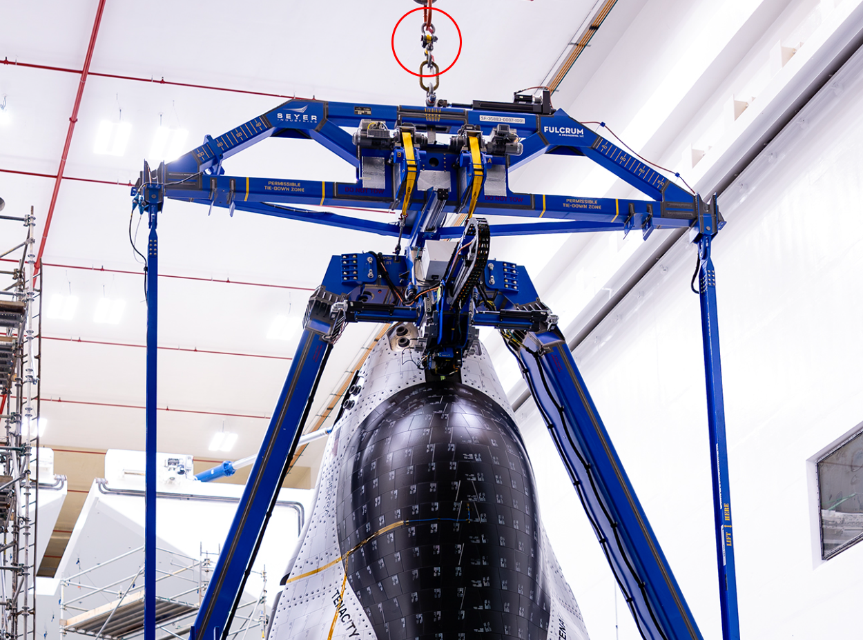 Dream Chaser space plane by Sierra Space being lifted by an Eilon Engineering load cell during testing at NASA’s Neil Armstrong Test Facility Dream Chaser space plane by Sierra Space being lifted by an Eilon Engineering load cell during testing at NASA’s Neil Armstrong Test Facility